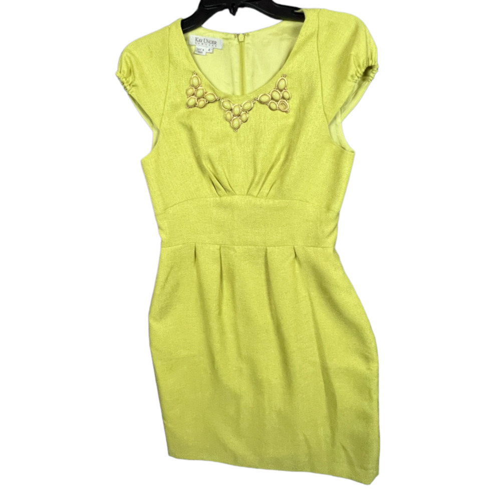 Kay Unger Women's Short Sleeve Dress Sz 4 Mustard Color With Embeleshments Lined - Picture 2 of 9